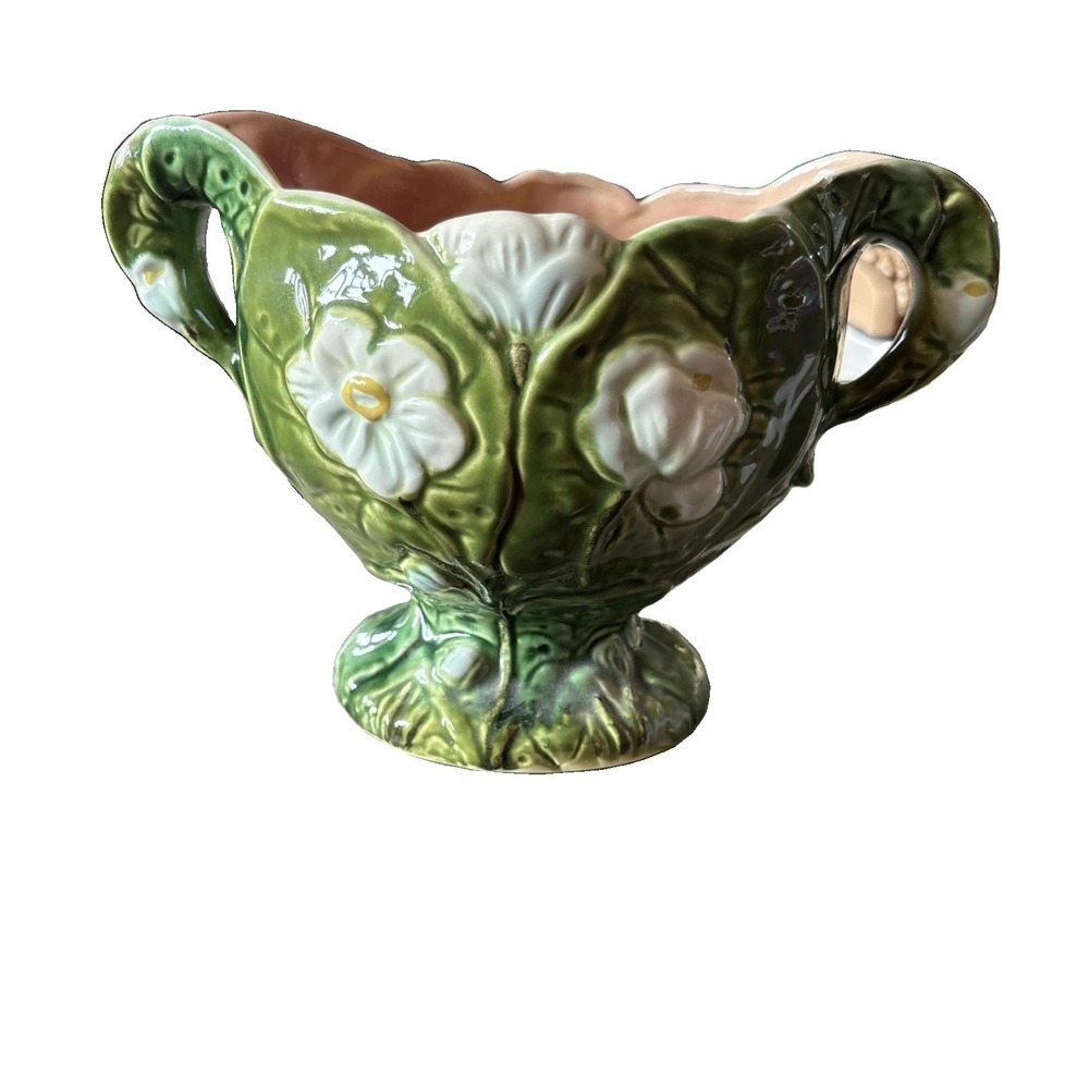 10"~Camark Art Pottery Majolica Green/White Magnolias Fan Vase Grandma Cottage